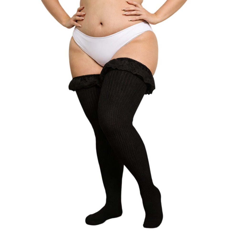 Plus Size Thigh High Socks Lace Trim Over the Knee Stocking for Curvy Women